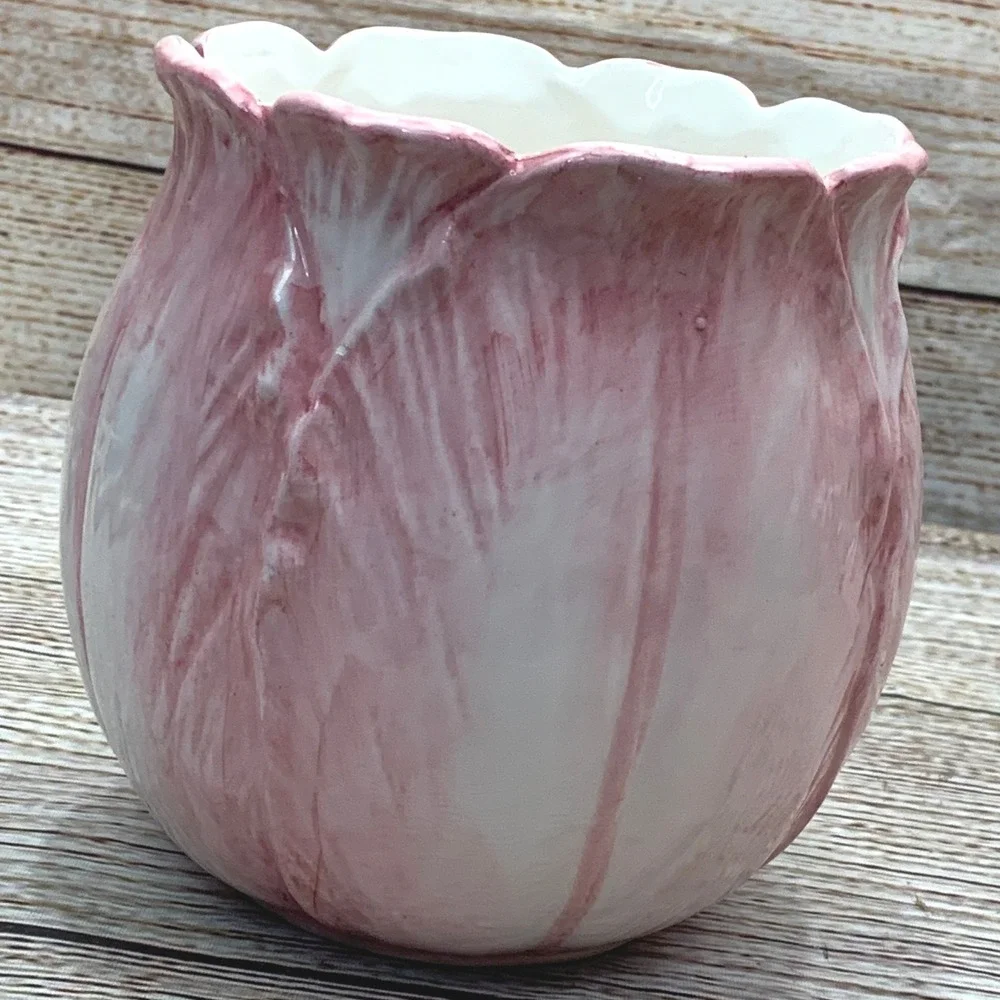 Mann Tulip Time Handpainted Ceramic Vase Planter 1987‎ Pink White Vintage
